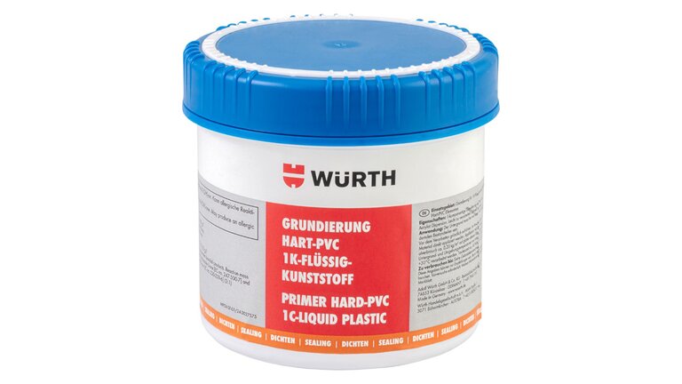 Eine Dose Grundierung Hart-PVC 1K-Flüssigkunststoff stehend mit blauem Deckel